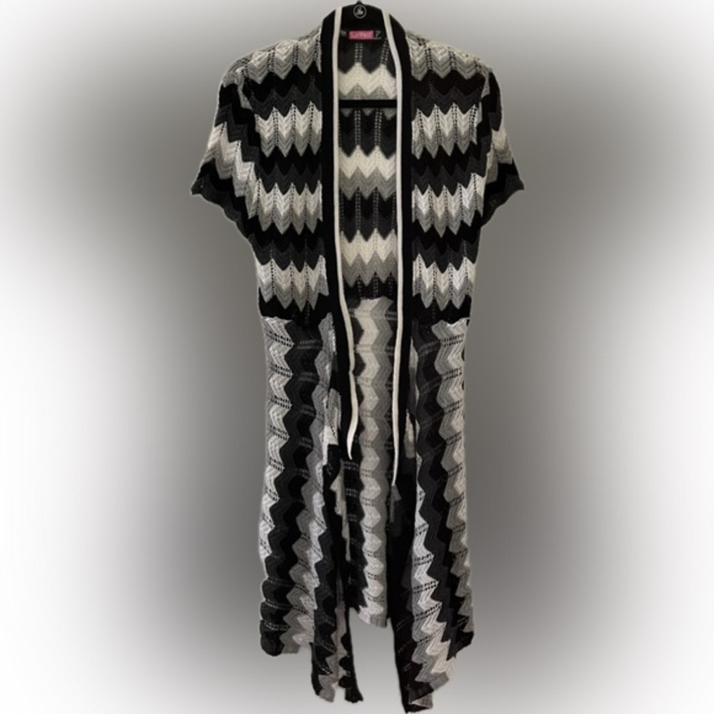 Boho Crochet Duster Black Gray White Zigzag Patterned